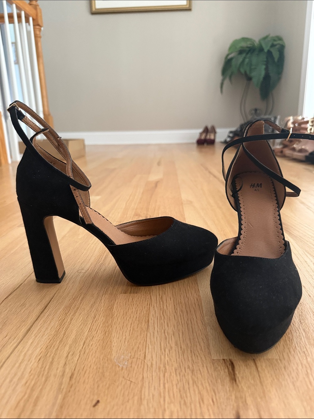 H&M Black Suede Platform Ankle-Strap Heels